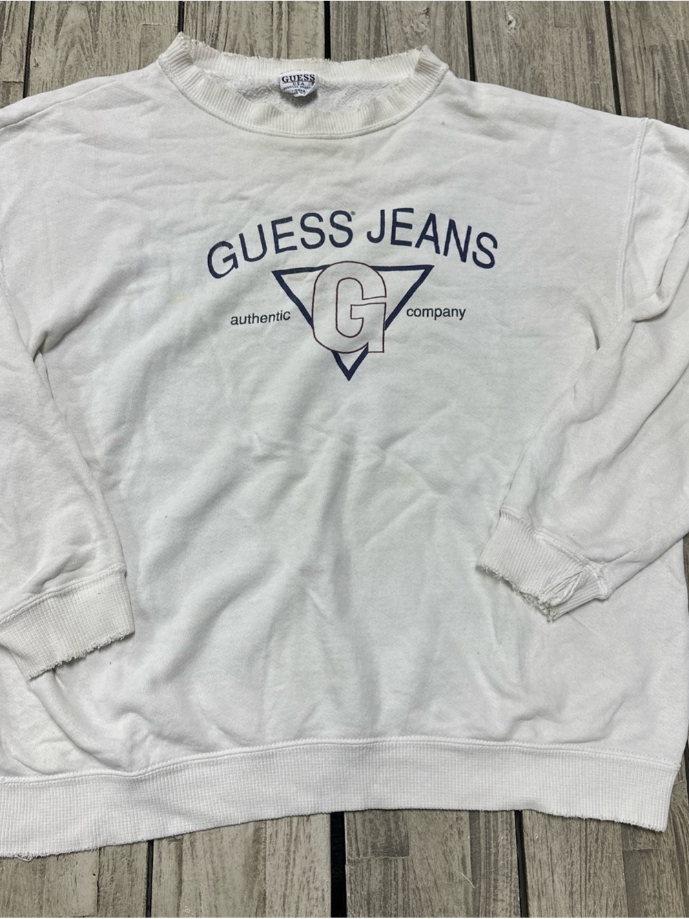 VTG 90s Guess Jeans Distressed White Crewneck One Size Fits All Made USA White